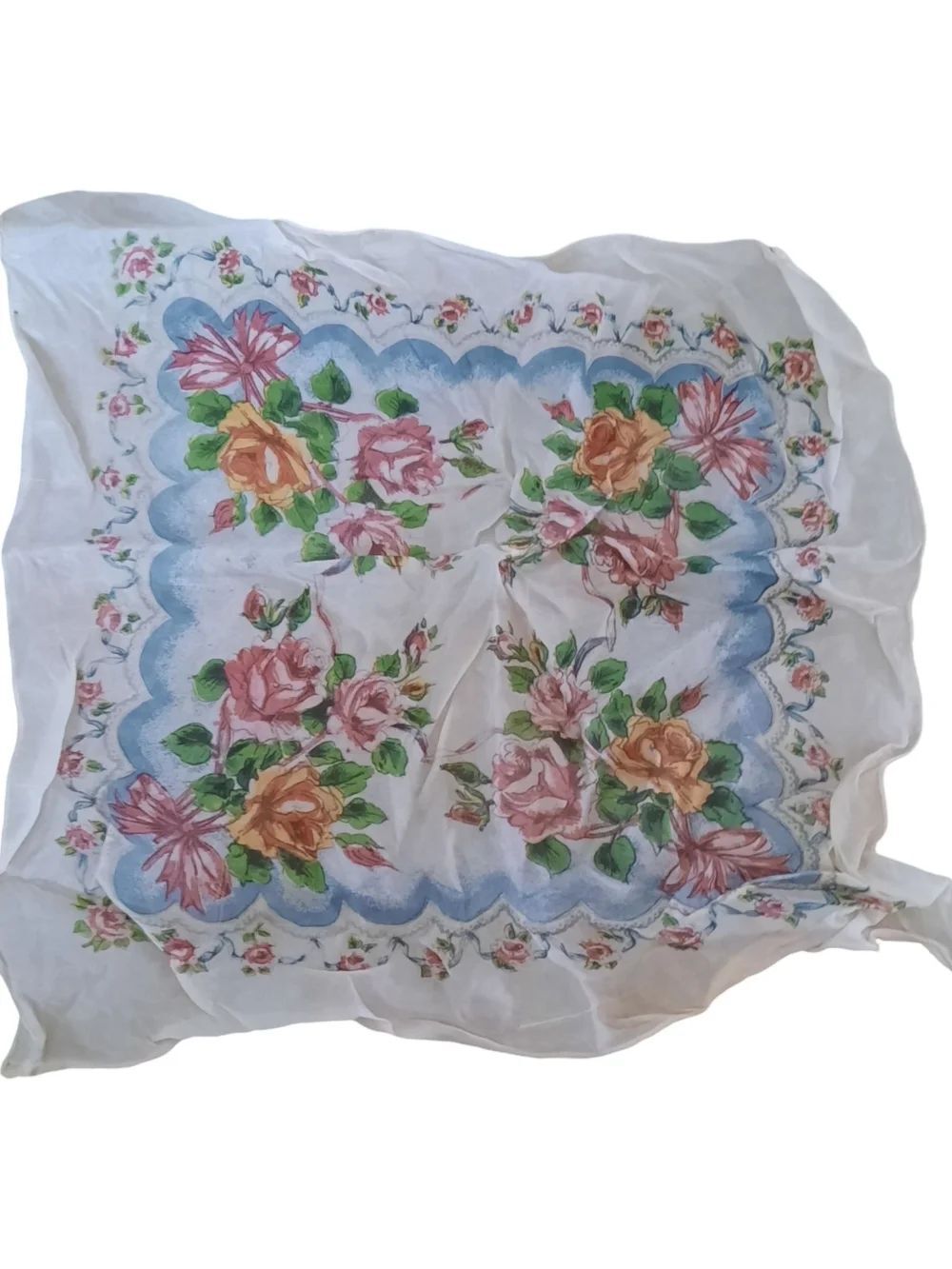 Vintage Floral Handkerchief with Pink and Yellow Roses